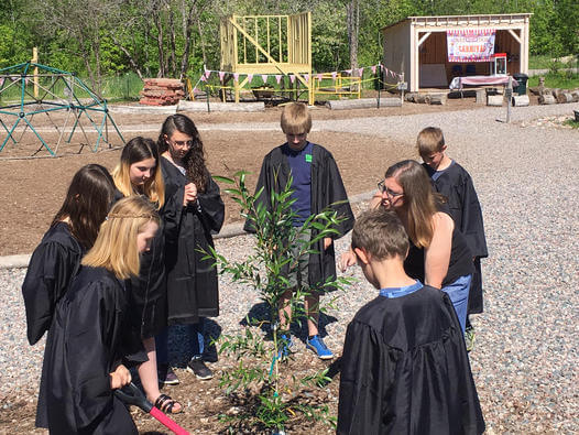 Lake Superior Academy students posing for a picture at graduation around a sapling in the school yard.